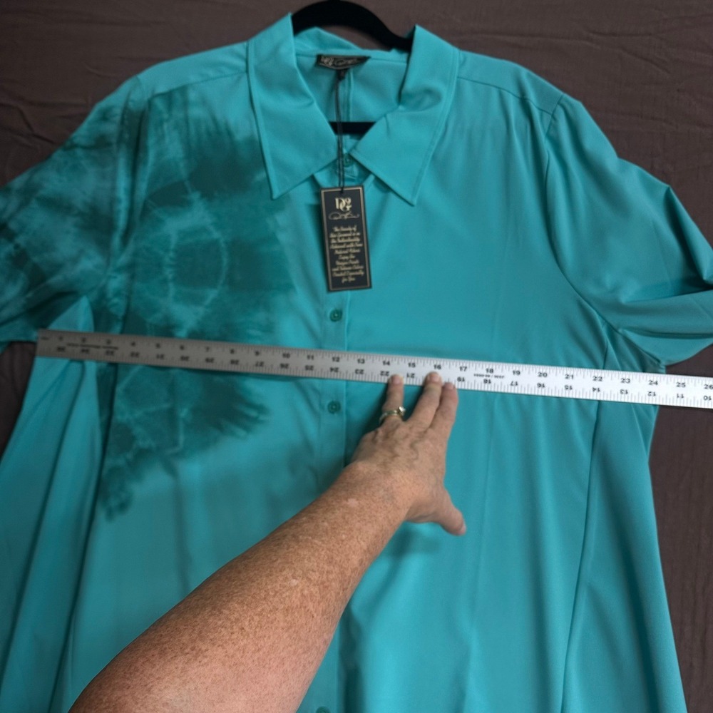 Denise‎ Karaman Teal Green Button Down Shirt Hi-Low Hem Tie Dye Blouse QVC - Picture 10 of 12